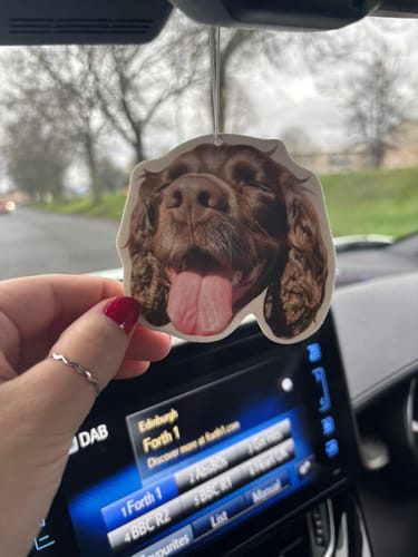 Customer photo: spaniel photo air freshener held in a car